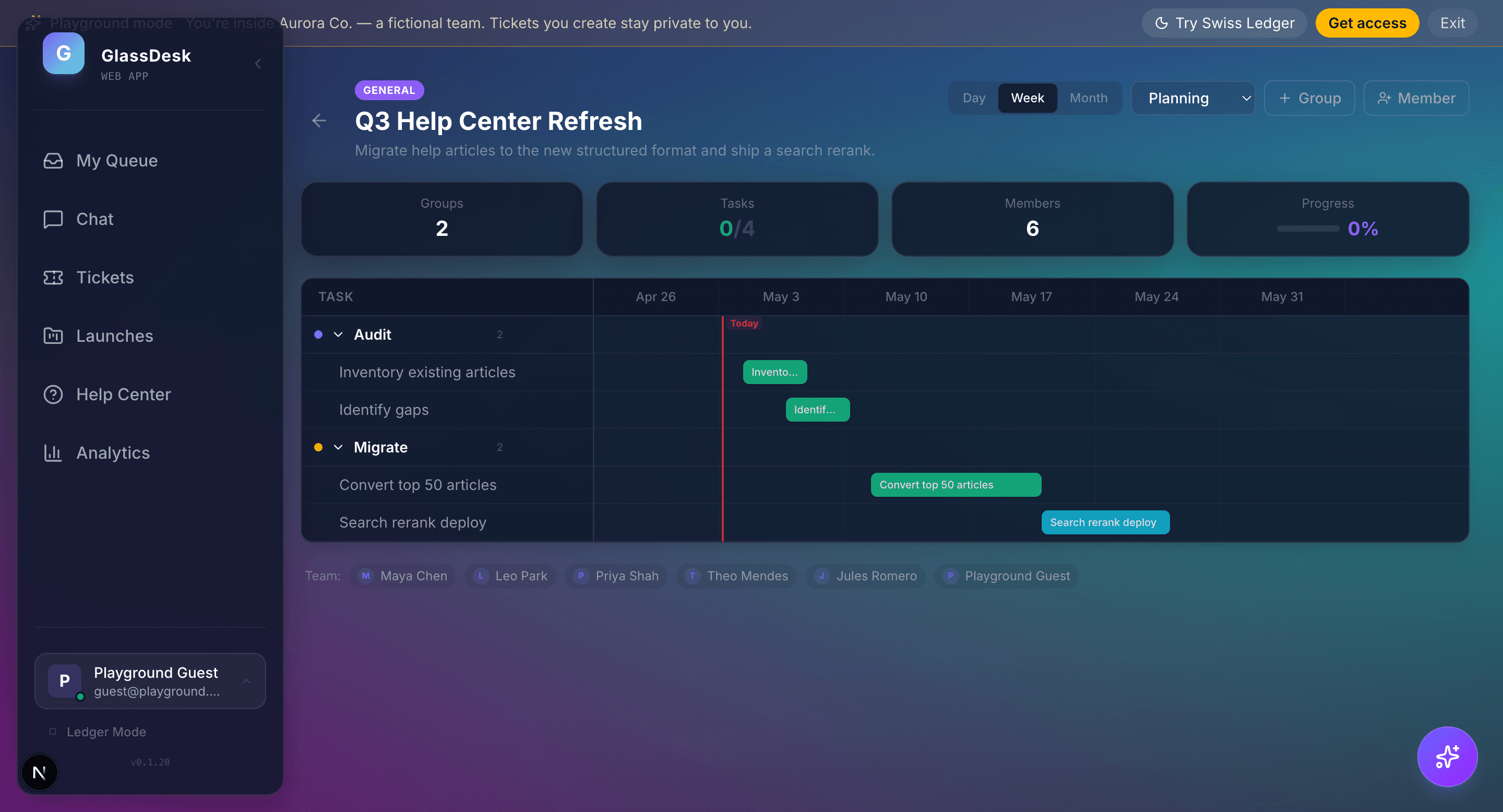 Launch planner with Gantt chart