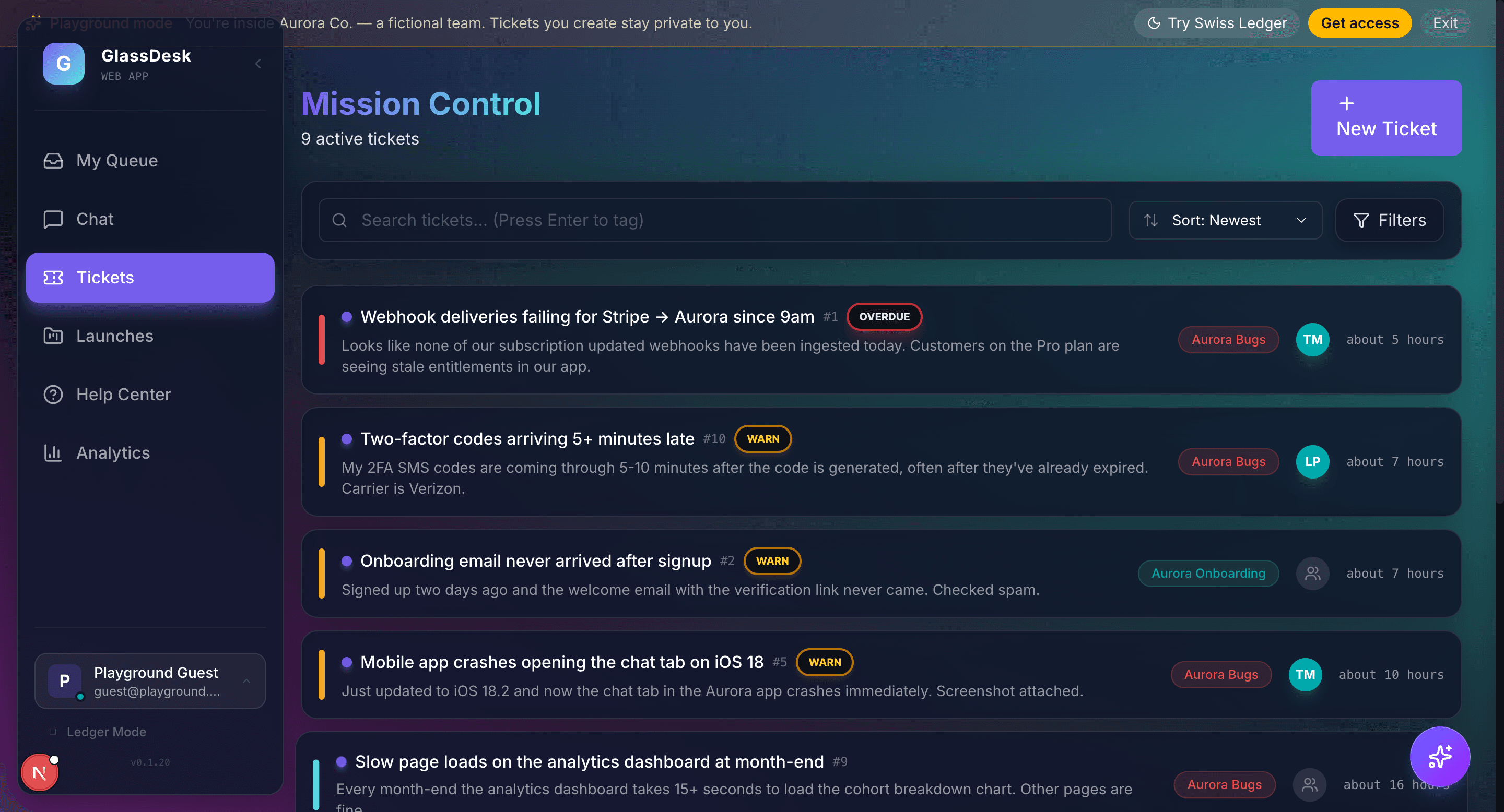 Mission Control — Tickets dashboard